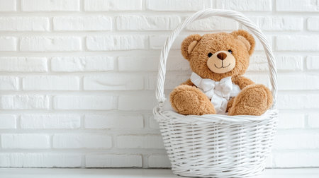 A charming teddy bear nestled in a white wicker basket against a textured brick wall, perfect for decorating children's spaces or as a thoughtful gift for special occasions.の素材