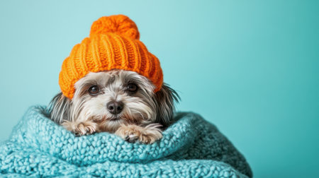 This charming image features a small dog wrapped in a cozy blanket, wearing a bright orange knit hat. The adorable expression against a soft blue backdrop conveys winter comfort and joy.の素材