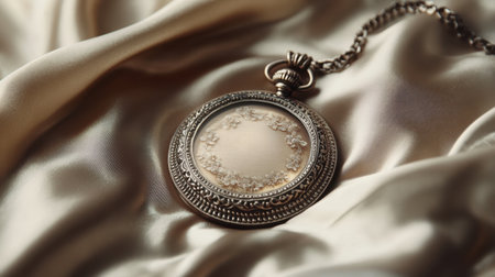 Discover a vintage pocket watch artistically placed on soft satin fabric, highlighting its exquisite details and timeless elegance in a softly lit setting. Perfect for nostalgia themes.の素材