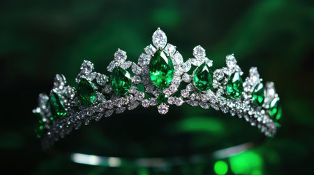 This stunning close-up image features an emerald and diamond tiara, highlighting its intricate details and luxurious design against a dark backdrop, ideal for elegance-focused themes.の素材