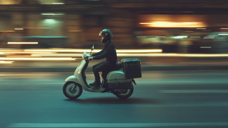 A delivery rider navigates through a vibrant urban scene on a scooter at night, embodying the energy and speed of modern transportation amidst blurred city lights.の素材