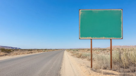 An empty billboard stands beside a deserted road under a vibrant blue sky, creating an opportunity for travel-themed imagery and endless creative expressions in photography.の素材