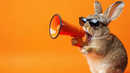 A cheerful rabbit wearing sunglasses and holding a megaphone showcases a playful spirit against a bright orange background, perfect for conveying joy and excitement.の素材