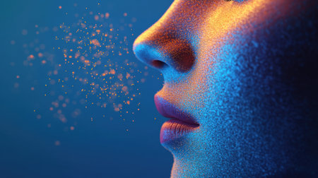 A mesmerizing close-up of a human face featuring a textured, glowing surface and sparkling details, capturing the essence of beauty and artistic expression in a stunning visual.の素材