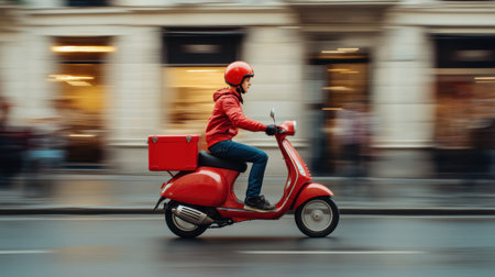 A dynamic scene showing a delivery rider on a red scooter swiftly moving through a bustling city street, showcasing urban life and the importance of speedy service.の素材