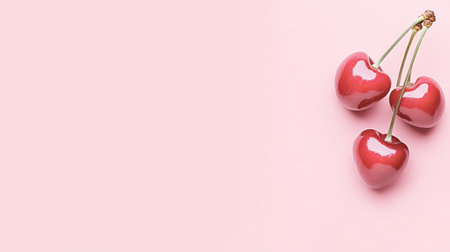 A delightful trio of glossy red cherries elegantly arranged on a soft pink background, embodying freshness and vibrancy ideal for culinary inspiration and healthy living.の素材