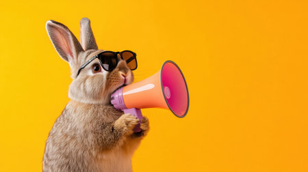 A charming rabbit wearing stylish sunglasses holds a colorful megaphone against a bright yellow background, embodying a joyful and fun-loving spirit perfect for creative projects.の素材