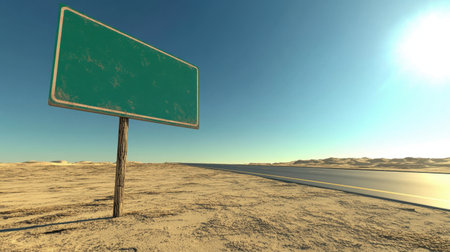 A serene desert landscape featuring an empty roadside sign under a bright sky, perfect for conveying themes of adventure, travel, and exploration in creative visuals.の素材
