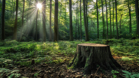 A serene forest scene featuring a tree stump illuminated by sunlight streaming through lush greenery, creating a tranquil atmosphere perfect for nature lovers and outdoor enthusiasts.の素材