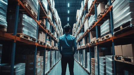 A man stands thoughtfully in a well-organized warehouse aisle, surrounded by stacked boxes and pallets, highlighting the importance of inventory management in logistics operations.の素材