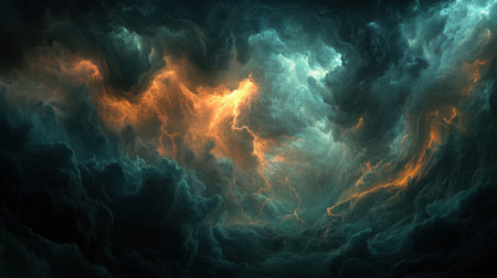 Captivating abstract artwork depicting a cloudscape featuring swirling orange and blue hues against a dark backdrop, evoking a sense of celestial wonder and atmospheric beauty.の素材