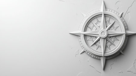 Discover a stunning, minimalistic compass design, perfect for inspiring travel and adventure themes, enhanced by a textured white background for a modern artistic feel.の素材