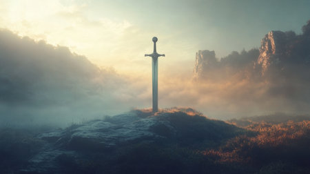 A solitary sword rises from a rocky base, surrounded by mist and illuminated by warm sunlight, evoking a sense of adventure and timeless beauty in a captivating landscape.の素材