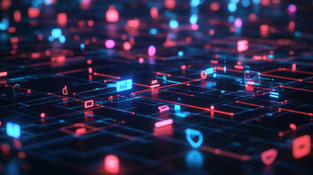 Explore a vibrant digital network interface featuring glowing icons and symbols, showcasing the interplay of technology and data in a modern virtual environment.の素材