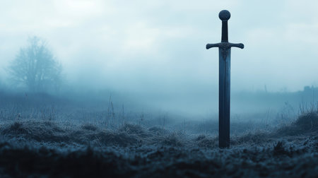 A striking image of a sword firmly planted in cold ground, surrounded by a thick mist, creating a captivating atmosphere that evokes tales of legend and adventure.の素材