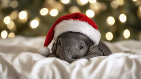A charming baby elephant in a festive red Christmas hat lies on a soft blanket, radiating warmth and joy with beautiful holiday lights in the background. Perfect for seasonal themes!の素材