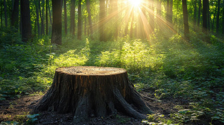 A stunning display of sunlight filtering through a lush forest, casting a warm glow on a tree stump, capturing the essence of nature's beauty and serenity.の素材