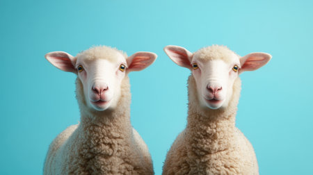 Two charming sheep with fluffy wool pose against a vivid blue backdrop, showcasing their cute expressions and playful nature in a delightful studio shoot. Perfect for animal lovers!の素材
