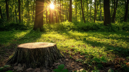 A serene forest scene showcasing a sunlit tree stump surrounded by lush greenery, embodying tranquility and the beauty of nature during a peaceful morning.の素材