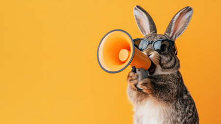 A charming rabbit sports sunglasses while holding a megaphone, set against a bright yellow backdrop. This whimsical image embodies fun and playful energy, ideal for various creative projects.の素材