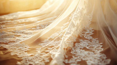 A beautiful close-up of delicate lace fabric softly illuminated by sunlight, showcasing intricate patterns that create a romantic and dreamy atmosphere for various design projects.の素材