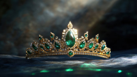 A stunning gold tiara adorned with vibrant emeralds and sparkling diamonds, radiating luxury and elegance, ideal for weddings, prom nights, or regal-themed events.の素材