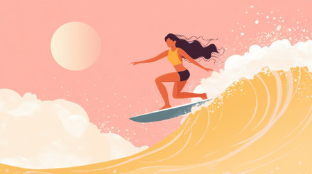 A stunning illustration of a girl surfing on a vibrant wave during sunset, capturing the essence of summer fun and the beauty of ocean adventures.の素材