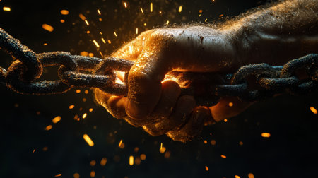 A striking image of a strong hand firmly grasping a metal chain, surrounded by sparks and a dark background, representing power, struggle, and resilience against adversity.の素材