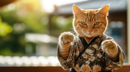 A playful ginger cat dressed in a traditional kimono strikes a charming pose, set against a serene outdoor backdrop with soft sunlight, embodying warmth and character.の素材
