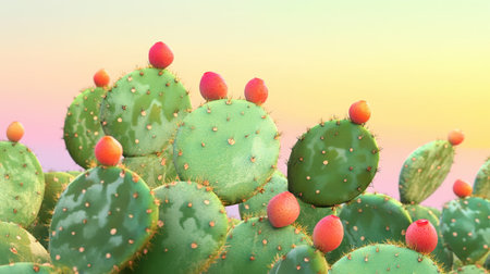 Close-up view of a cactus adorned with colorful fruit, set against a soft gradient background, perfect for showcasing the beauty of desert plants and natural scenery.の素材