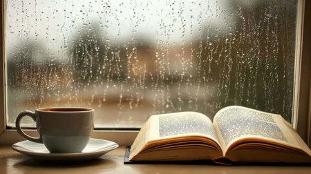 A serene indoor scene showcasing an open book beside a steaming coffee cup on a windowsill, with rain gently falling outside, inviting relaxation and contemplation.の素材