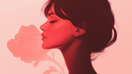 A captivating profile of a woman framed by a soft rose, radiating elegance and femininity in a dreamy red-toned artistic style. Perfect for beauty and fashion themes.の素材