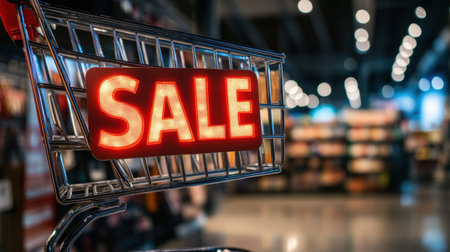 A vibrant sale sign lights up a shopping cart in a modern retail environment, showcasing a welcoming atmosphere for consumers and enhancing the shopping experience.の素材