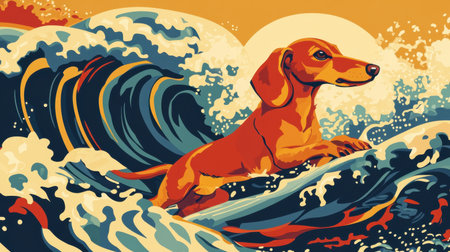 A lively illustration featuring a dachshund surfing vibrant waves during a colorful sunset, capturing the joyful spirit and adventurous nature of this playful canine in a stunning seaside scene.の素材