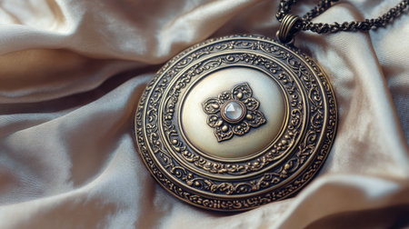 This stunning antique locket necklace features a detailed floral design with a central gemstone, elegantly resting on luxurious satin, suitable for any jewelry lover.の素材
