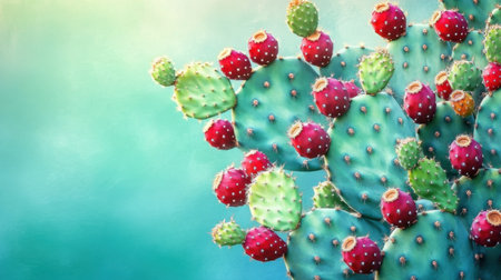A beautiful close-up of a prickly pear cactus adorned with vibrant red fruits against a soft green backdrop, epitomizing the essence of nature and desert beauty.の素材