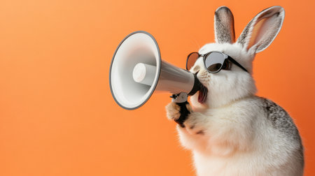 A playful rabbit wearing sunglasses and holding a megaphone stands against a vibrant orange background, showcasing a fun and lively animal expression perfect for marketing and advertisements.の素材