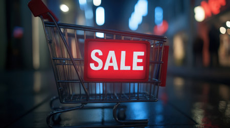 A shopping cart prominently features a bright red sale sign in a bustling urban environment, symbolizing the thrill of shopping and retail promotions amid glowing city lights.の素材