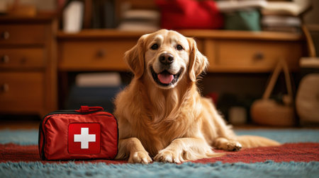 A cheerful golden retriever poses beside a first aid kit in a warm and inviting living room, showcasing a perfect blend of companionship and care for pets.の素材