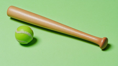 A wooden baseball bat rests beside a bright green rubber ball on a vibrant green background, showcasing an engaging sports theme ideal for various promotional materials.の素材