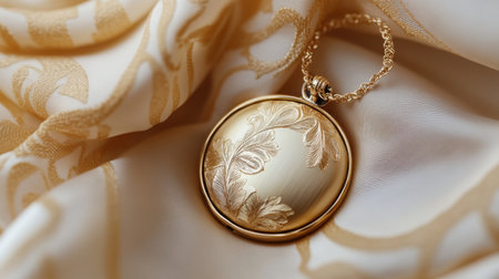 Discover the beauty of an elegant gold locket pendant adorned with leaf designs, elegantly placed on soft satin fabric, perfect for vintage and stylish photography.の素材