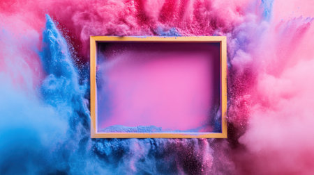 A striking image featuring an empty wooden frame surrounded by an explosion of colorful powder, perfect for artistic projects, creative designs, or vibrant backgrounds.の素材