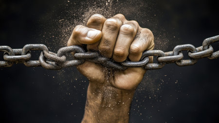 A human hand tightly grips rusty chains, representing the themes of strength, resilience, and the struggle for freedom in a captivating, dark atmosphere.の素材