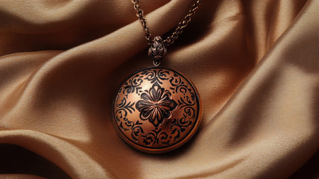 A beautifully designed vintage locket in bronze, resting on soft golden satin fabric, showcasing intricate floral patterns, ideal for accessory and jewelry-themed photography.の素材