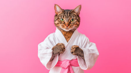 This delightful image features a cat dressed in a karate gi, exuding charm and playfulness against a vibrant pink background. Perfect for pet lovers and humor!の素材