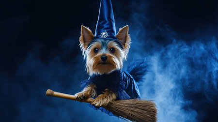 A charming small dog dressed as a wizard flies on a broomstick, enveloped in enchanting blue smoke, capturing a playful and magical essence perfect for pet lovers and fantasy enthusiasts.の素材