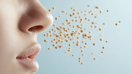 A close-up view of a human face capturing the moment of exhaling particles, symbolizing health, hygiene, and air quality in a clean environment.の素材