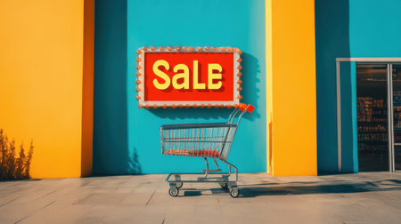 A visually appealing outdoor shopping scene showcasing a bright sale sign and an empty shopping cart, inviting consumers into a colorful retail environment.の素材