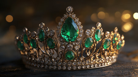 Stunning gold crown featuring rich emeralds and brilliant diamonds, ideal for capturing the essence of luxury, elegance, and sophistication in photography.の素材