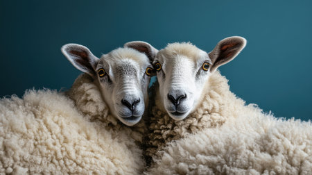 This captivating image features two adorable sheep with fluffy wool, showcasing their friendly personalities while posing against a calming teal backdrop, perfect for farm or nature themes.の素材